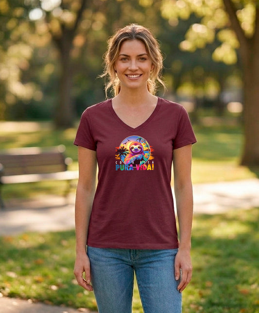 Perezoso Pura Vida Women's V-Neck – Athletic Maroon