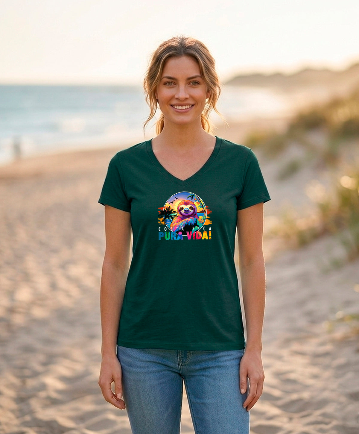 Perezoso Pura Vida Women's V-Neck – Dark Green